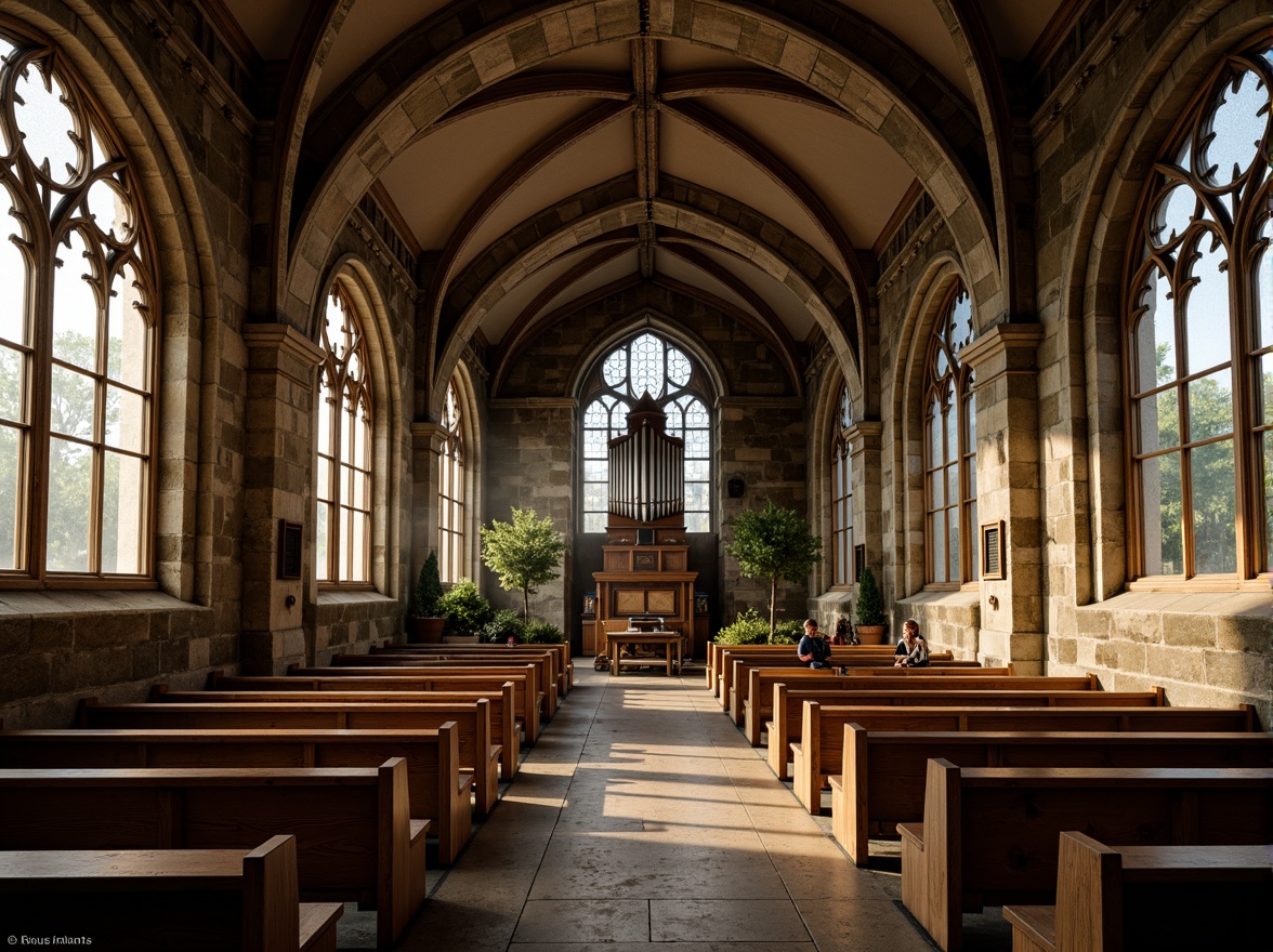 Prompt: Ancient stone church, rustic masonry textures, ornate Gothic arches, stained glass windows, intricately carved wooden pews, dimly lit nave, vaulted ceilings, grandiose pipe organ, ornamental frescoes, weathered stone fa\u00e7ade, moss-covered walls, serene natural surroundings, misty morning light, warm golden lighting, shallow depth of field, 1/2 composition, realistic renderings, ambient occlusion.