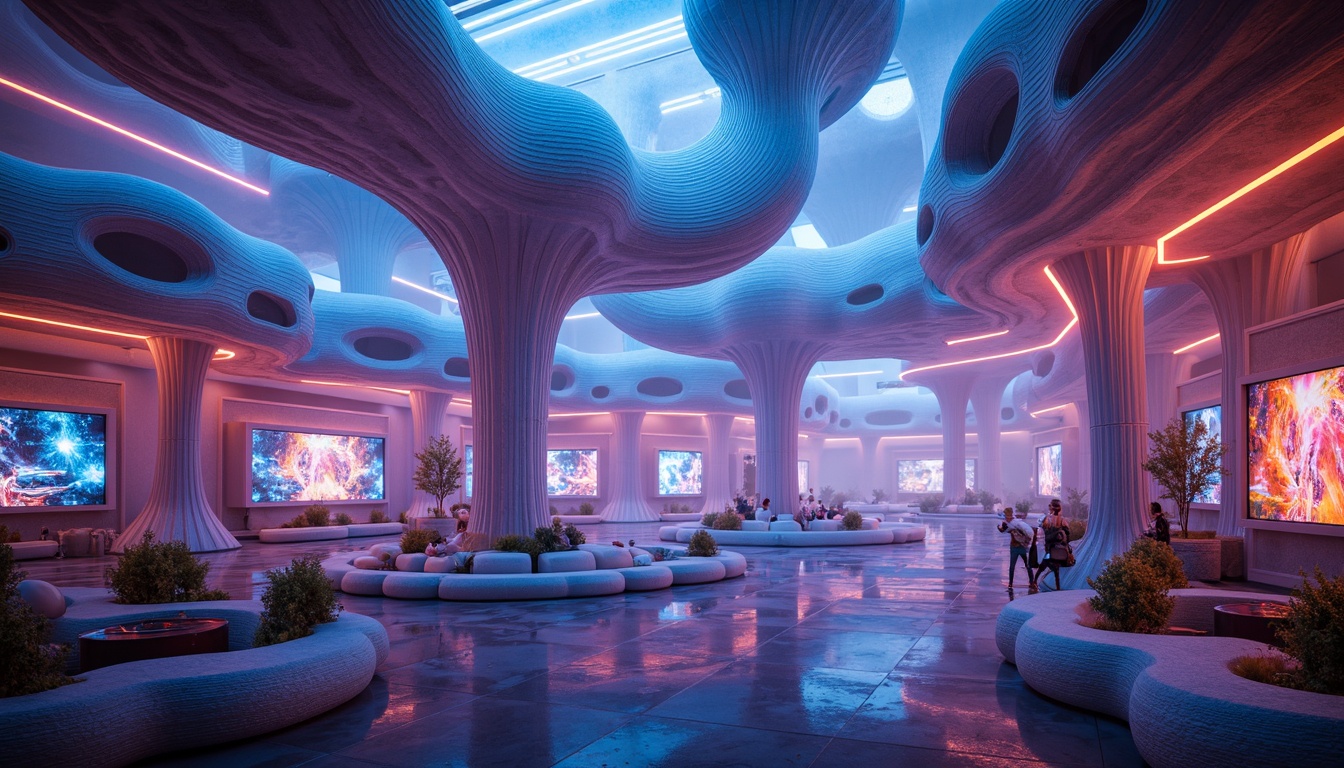 Prompt: Curvaceous blob-like structures, futuristic architecture design, modular elements, interconnected nodes, glowing neon lights, iridescent colors, reflective surfaces, undulating forms, amoeba-inspired shapes, vibrant accent walls, holographic displays, levitating platforms, zero-gravity environments, cyberpunk aesthetics, atmospheric fog effects, omnidirectional lighting, 3D-printed components, parametric design, algorithmic patterns, sci-fi landscapes, virtual reality integration.