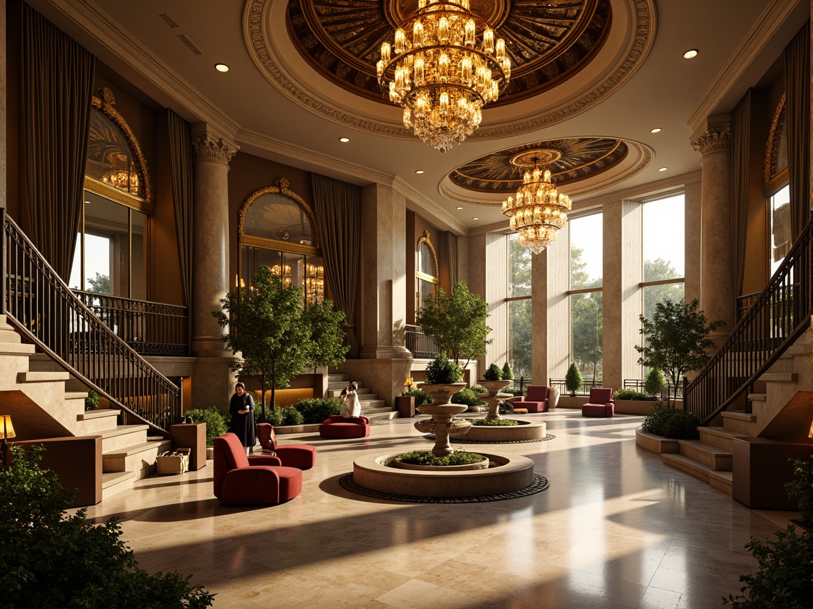 Prompt: Luxurious fitness club, grandiose chandeliers, ornate mirrors, marble flooring, gilded accents, velvet drapes, sweeping staircases, lavish greenery, fountain features, natural stone walls, majestic columns, dramatic archways, soft golden lighting, warm atmospheric glow, 1/1 composition, shallow depth of field, realistic textures, ambient occlusion.