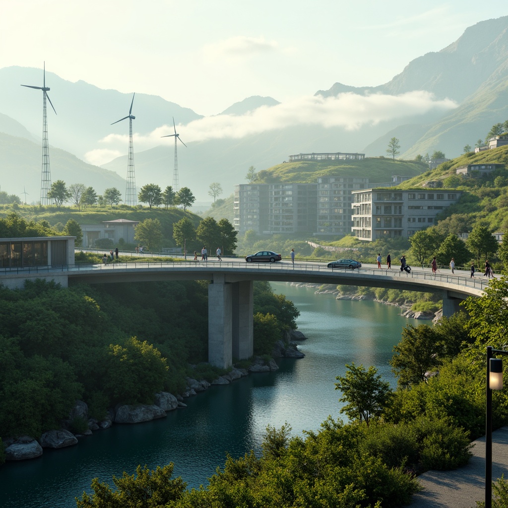 Prompt: Eco-friendly vehicular bridge, lush green roofs, solar panels, wind turbines, rainwater harvesting systems, recycled steel structures, low-carbon concrete, natural stone foundations, energy-efficient LED lighting, modern minimalist architecture, sleek curved lines, cantilevered sections, suspended walkways, scenic viewpoints, misty morning atmosphere, soft diffused lighting, 1/2 composition, cinematic angle shots, realistic reflections, ambient occlusion.