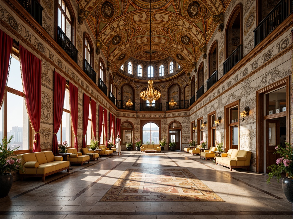 Prompt: Intricate Byzantine mosaics, golden tesserae, ornate patterns, vibrant colors, majestic domes, ornamental arches, luxurious marble floors, rich textiles, opulent furnishings, regal ambiance, warm soft lighting, shallow depth of field, 1/1 composition, realistic textures, ambient occlusion.