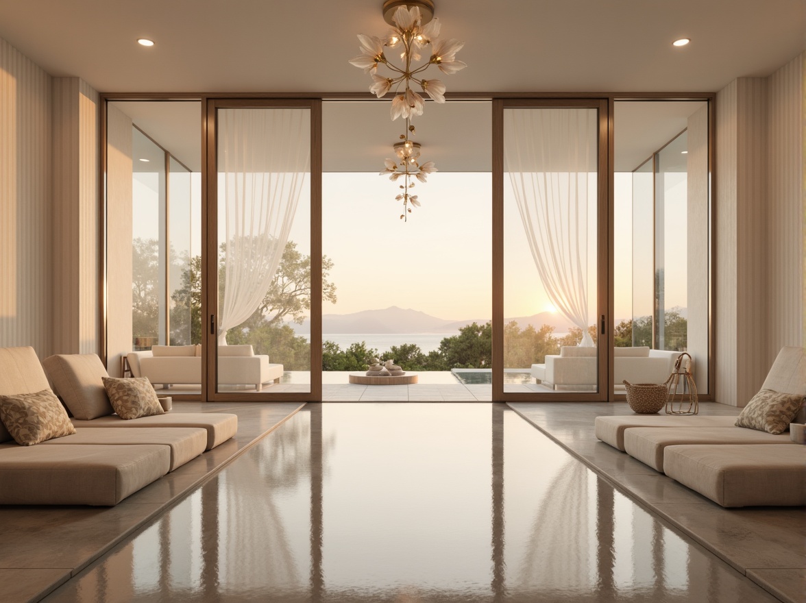 Prompt: Ethereal luxury villa, minimalist interior, soft warm lighting, translucent glass walls, subtle reflections, sleek metal frames, marble flooring, ambient occlusion, shallow depth of field, 1/1 composition, panoramic view, realistic textures, luminous LED lights, gentle misting systems, delicate petal-like fixtures, creamy white hues, frosted glass doors, natural stone accents, serene atmosphere, warm beige tones.