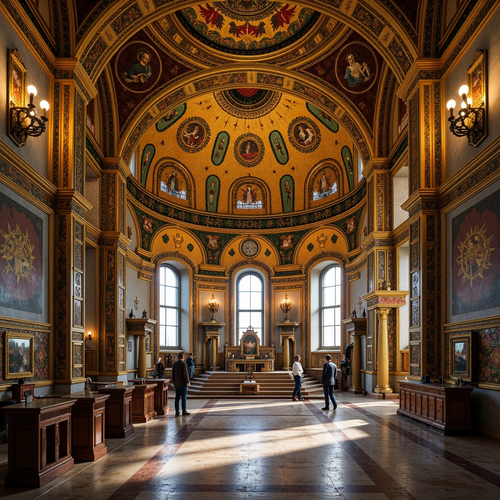 Prompt: Byzantine-style interior, ornate golden mosaics, intricate stone inlays, vibrant glass tiles, ornamental patterns, sacred Christian symbols, majestic domed architecture, grand high ceilings, luxurious marble floors, solemn ambient lighting, dramatic shadows, 3/4 composition, symmetrical layout, realistic textures, ambient occlusion.