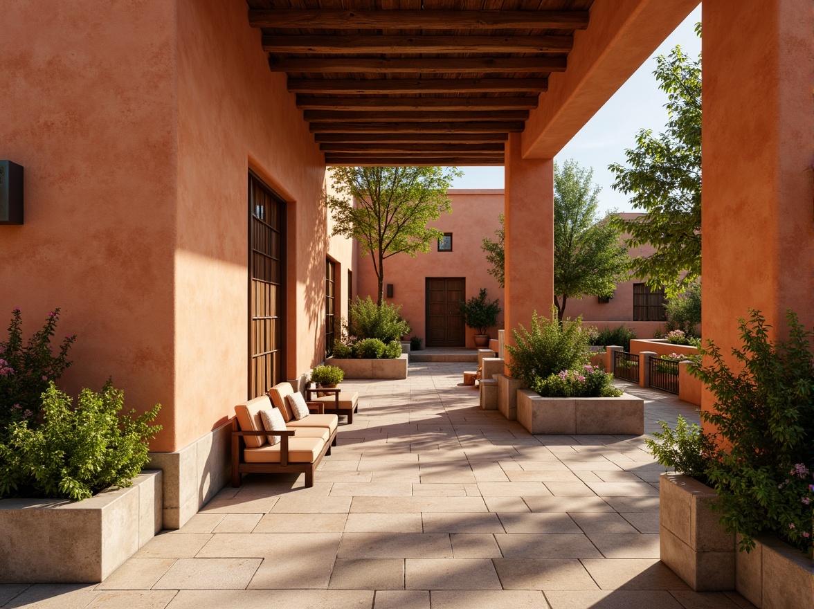 Prompt: Warm persimmon hues, earthy terracotta tones, rich burnt orange accents, soft beige stucco walls, natural stone foundations, wooden beam ceilings, rustic metal hardware, cozy interior spaces, inviting exterior courtyards, lush greenery surroundings, vibrant flower arrangements, sunny afternoon lighting, shallow depth of field, 1/1 composition, realistic textures, ambient occlusion.