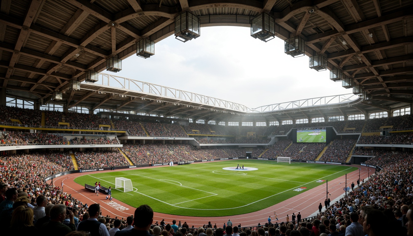 Prompt: Gothic soccer stadium, grandiose arches, ribbed vaulted ceilings, flying buttresses, intricate stone carvings, vibrant stained glass windows, ornate metalwork, steeply pitched roof, innovative cantilevered design, curved lines, dramatic lighting, misty atmosphere, lush greenery, historic architecture, majestic scale, imposing grandstand, tiered seating, athletic tracks, soccer field, goalposts, scoreboard, modern amenities, advanced acoustics, reverberant sound, cinematic view, 3/4 composition, high-angle shot, warm color palette, detailed textures.