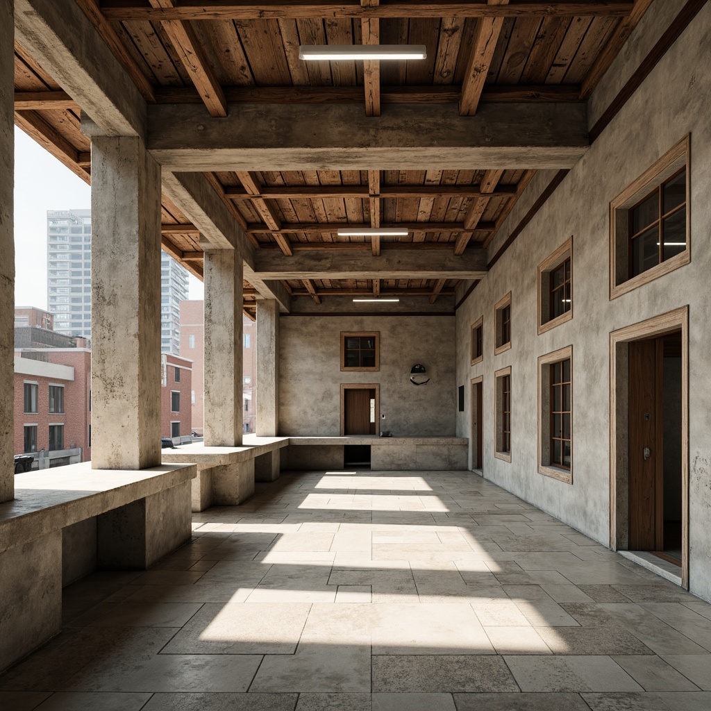 Prompt: Rustic government building, exposed concrete walls, raw wood accents, industrial metal beams, natural stone floors, minimalist decor, brutalist architecture, functional simplicity, urban cityscape, morning sunlight, soft shadows, shallow depth of field, 1/1 composition, realistic textures, ambient occlusion.