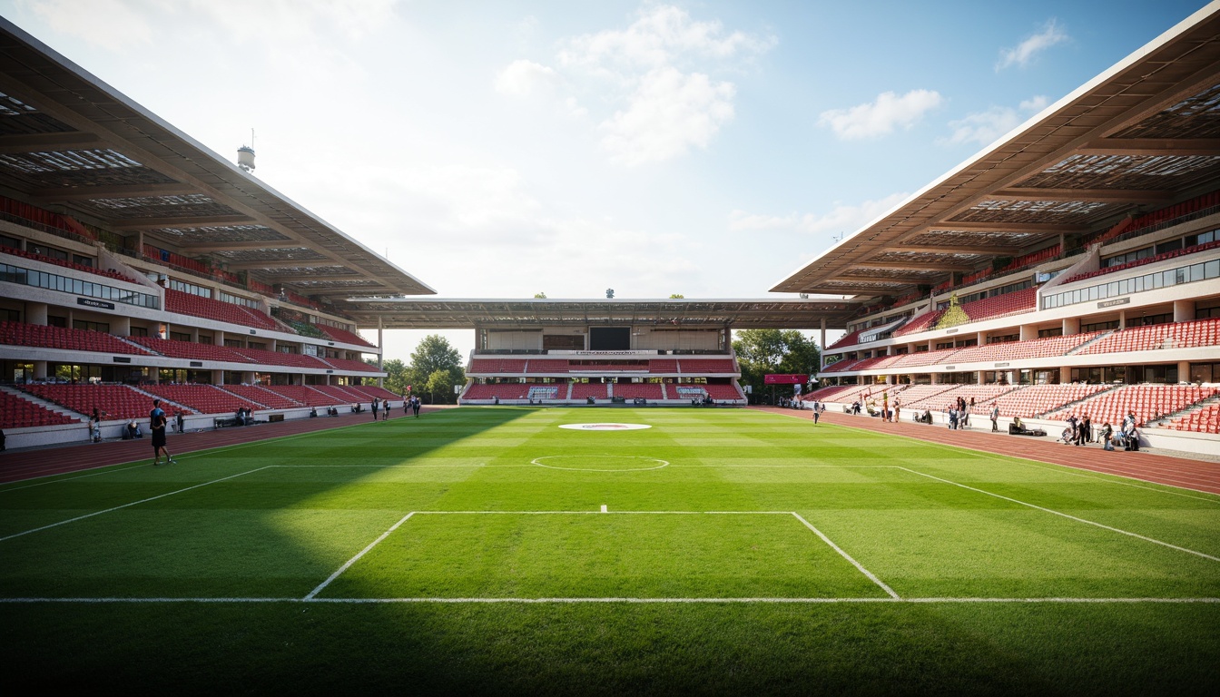 Prompt: Grandstand seating, lush green grass, athletic track, soccer field markings, goalposts, player benches, spectator tunnels, concession stands, restrooms, VIP suites, press boxes, broadcasting booths, floodlights, scoreboard displays, electronic advertising boards, natural ventilation systems, cantilevered roofs, column-free design, open concourses, wayfinding signage, accessible ramps, emergency exit routes, sunny day, soft warm lighting, shallow depth of field, 3/4 composition, panoramic view, realistic textures, ambient occlusion.