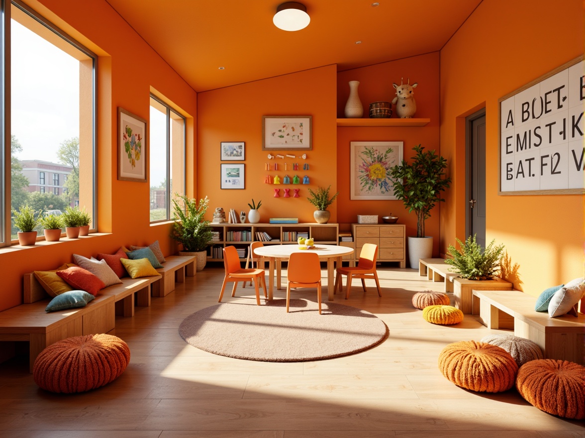 Prompt: Vibrant kindergarten interior, warm orange hues, playful wooden furniture, soft cushions, educational toys, building blocks, alphabet walls, number lines, creative artwork displays, circular tables, ergonomic chairs, natural light pouring, large windows, colorful rugs, textured wall finishes, cozy reading nooks, inviting atmosphere, shallow depth of field, 1/1 composition, realistic textures, ambient occlusion.