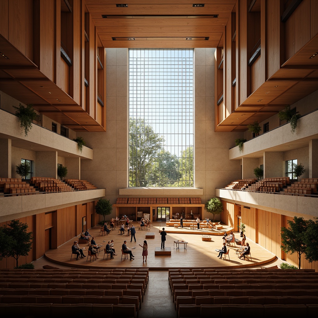 Prompt: Grand concert hall, high ceilings, minimal ornamentation, rectangular shape, tiered seating, wooden floors, sound-absorbing panels, massive glass windows, transparent roof, natural light pouring in, soft warm glow, afternoon sunlight, subtle shading, ambient illumination, 1/2 composition, realistic textures, detailed architecture, elegant modern style.