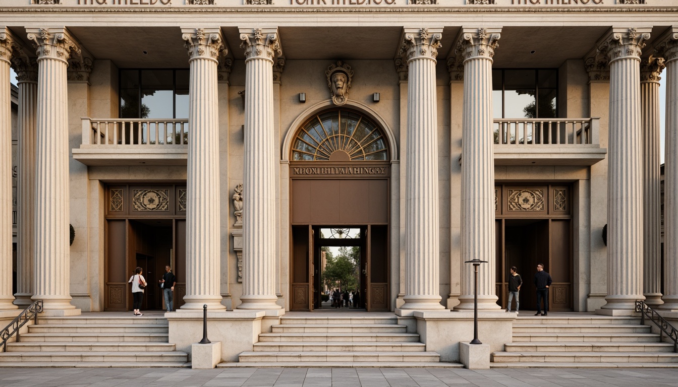 Prompt: Grand museum facade, neoclassical architecture, ornate stone carvings, elegant columns, majestic entrance, bronze doors, sweeping staircases, intricate metal railings, academic detailing, subtle lighting, warm beige tones, classical proportions, symmetrical composition, shallow depth of field, 1/2 composition, realistic textures, ambient occlusion.