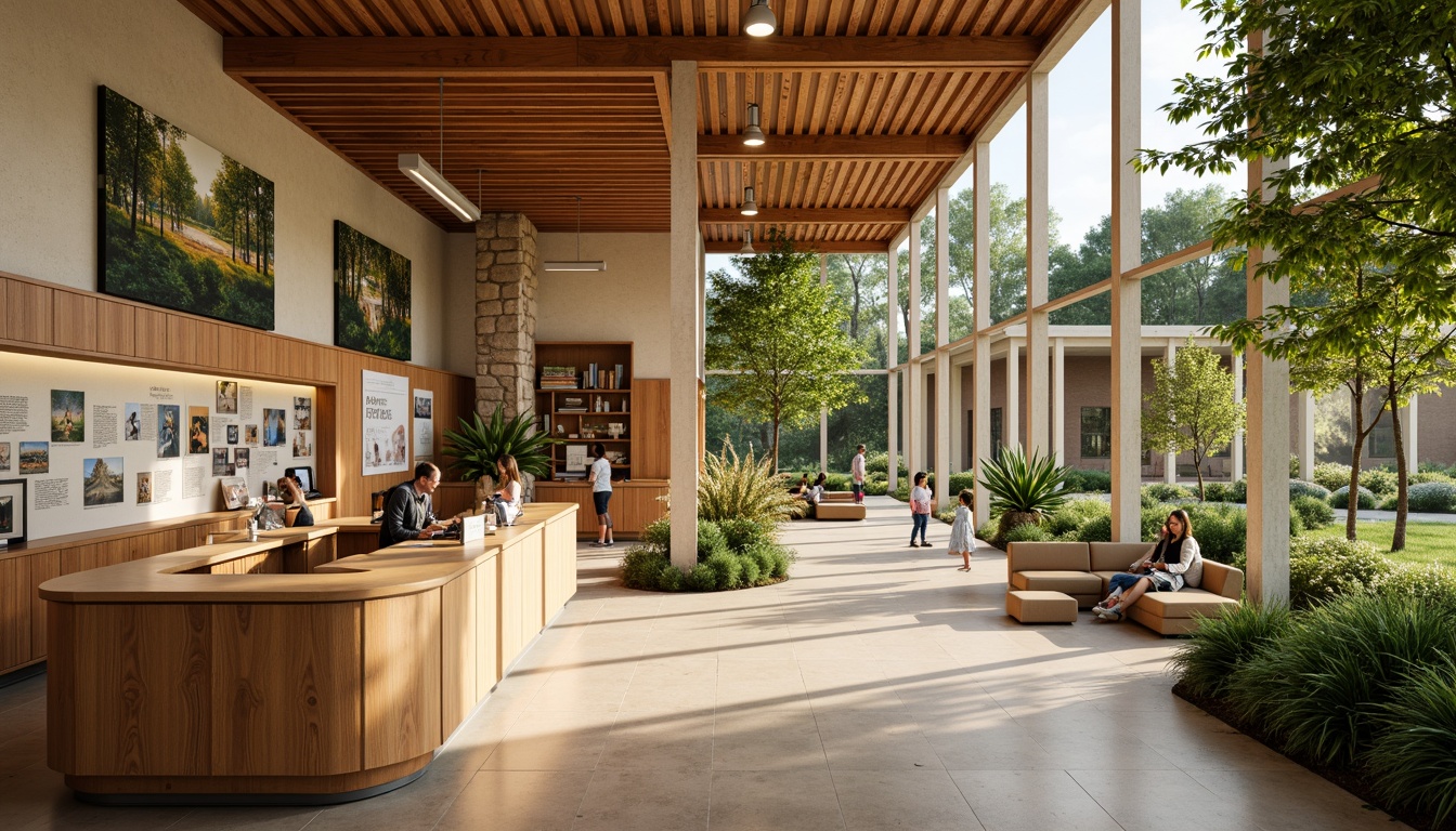 Prompt: Earth-toned visitor center, natural stone walls, wooden accents, warm beige flooring, vibrant greenery, educational exhibits, interactive displays, welcoming reception desk, comfortable seating areas, floor-to-ceiling windows, abundant natural light, soft warm lighting, shallow depth of field, 3/4 composition, panoramic view, realistic textures, ambient occlusion.