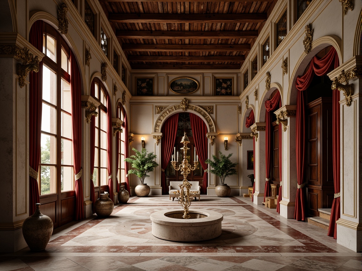 Prompt: Elegant Renaissance-style palace, ornate stone carvings, rustic terracotta bricks, weathered copper roofing, grandiose marble columns, intricate wooden paneling, rich velvet drapes, luxurious golden fixtures, ornamental ironwork, vintage bronze hardware, soft warm candlelight, shallow depth of field, 1/2 composition, symmetrical framing, realistic textures, ambient occlusion.