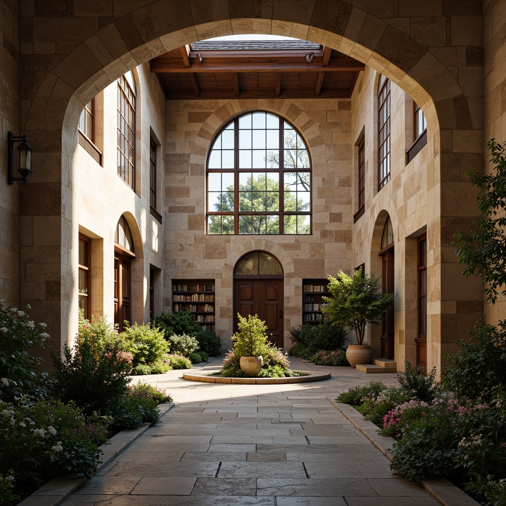 Prompt: Serene monastery courtyard, natural stone walls, stained glass windows, vaulted ceilings, ornate wooden doors, peaceful cloisters, lush greenery, vibrant flowers, tranquil water features, soft warm lighting, shallow depth of field, 1/1 composition, realistic textures, ambient occlusion, subtle warm colors, rustic wood accents, traditional academic decor, vintage bookshelves, cozy reading nooks, classic lanterns, elegant archways.