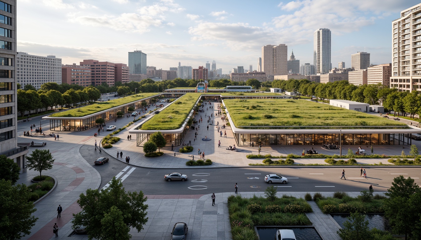 Prompt: Vibrant transportation hub, lush green roofs, natural stone walls, modern architecture, large glass windows, steel beams, dynamic lighting, bustling cityscape, pedestrian walkways, cyclist lanes, public art installations, eco-friendly materials, sustainable urban planning, efficient traffic flow, futuristic train stations, bus rapid transit systems, electric vehicle charging stations, minimalist landscaping, ornamental plants, shallow water features, misting systems, warm ambient lighting, 3/4 composition, panoramic view, realistic textures.