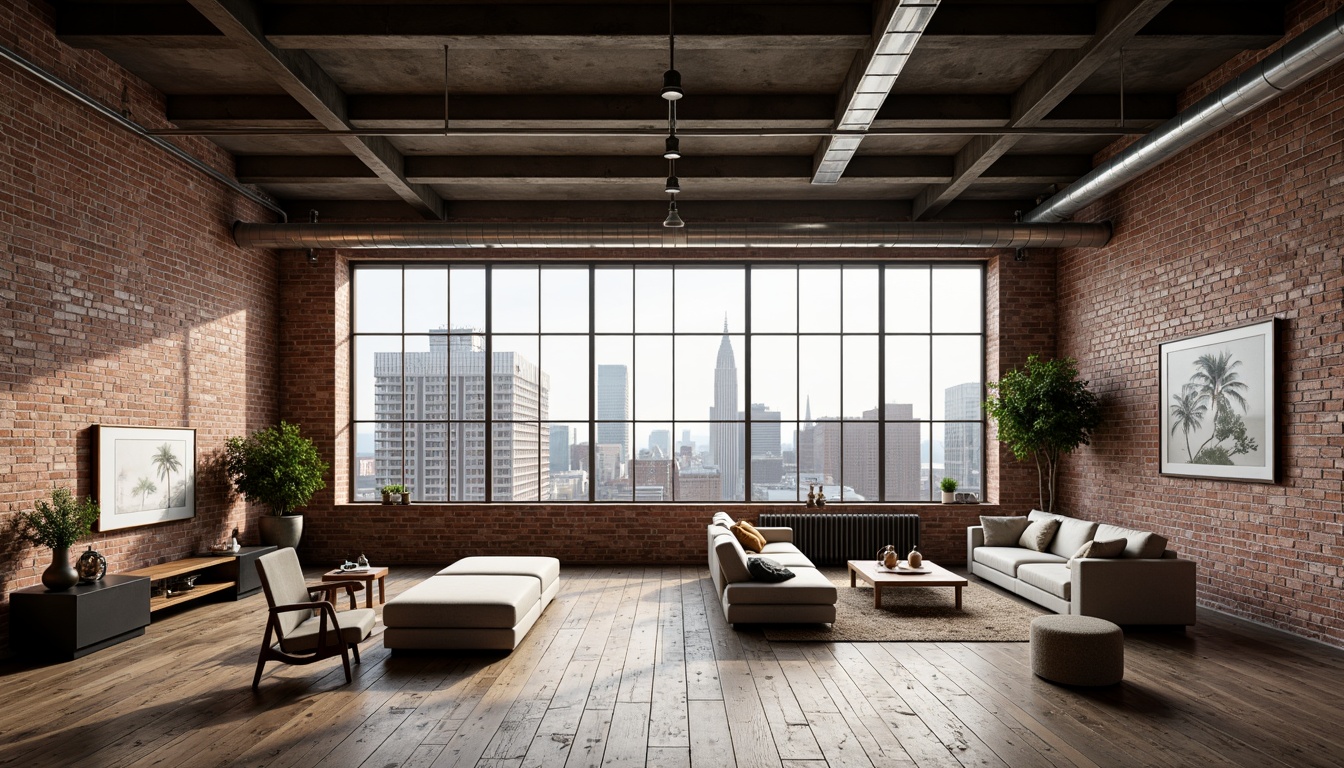 Prompt: Industrial-chic loft, exposed brick walls, metal beams, reclaimed wood floors, urban landscape views, floor-to-ceiling windows, minimalist decor, functional pipes, distressed finishes, high ceilings, open-plan living, modern furniture pieces, artistic lighting fixtures, rustic charm, warm neutral tones, shallow depth of field, 1/1 composition, natural textures, ambient occlusion.