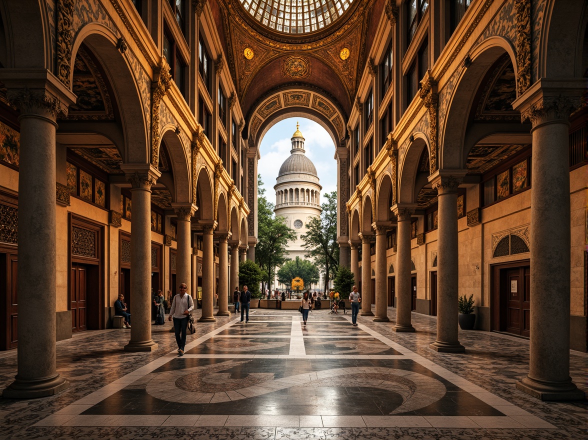 Prompt: Intricate stone carvings, ornate arches, grand domed roofs, golden mosaics, vibrant frescoes, richly patterned marble floors, ornamental columns, imposing entrance gates, majestic bell towers, rustic stone walls, mystical ambiance, soft warm lighting, shallow depth of field, 1/1 composition, symmetrical view, realistic textures, ambient occlusion.