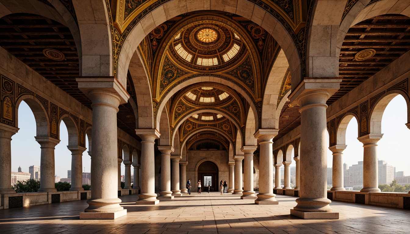 Prompt: Intricate arches, ornate columns, golden mosaics, vaulted ceilings, grand domes, rustic stone walls, weathered copper roofs, majestic entranceways, ornamental capitals, Byzantine-inspired patterns, richly textured fabrics, warm soft lighting, shallow depth of field, 1/1 composition, realistic renderings, ambient occlusion.