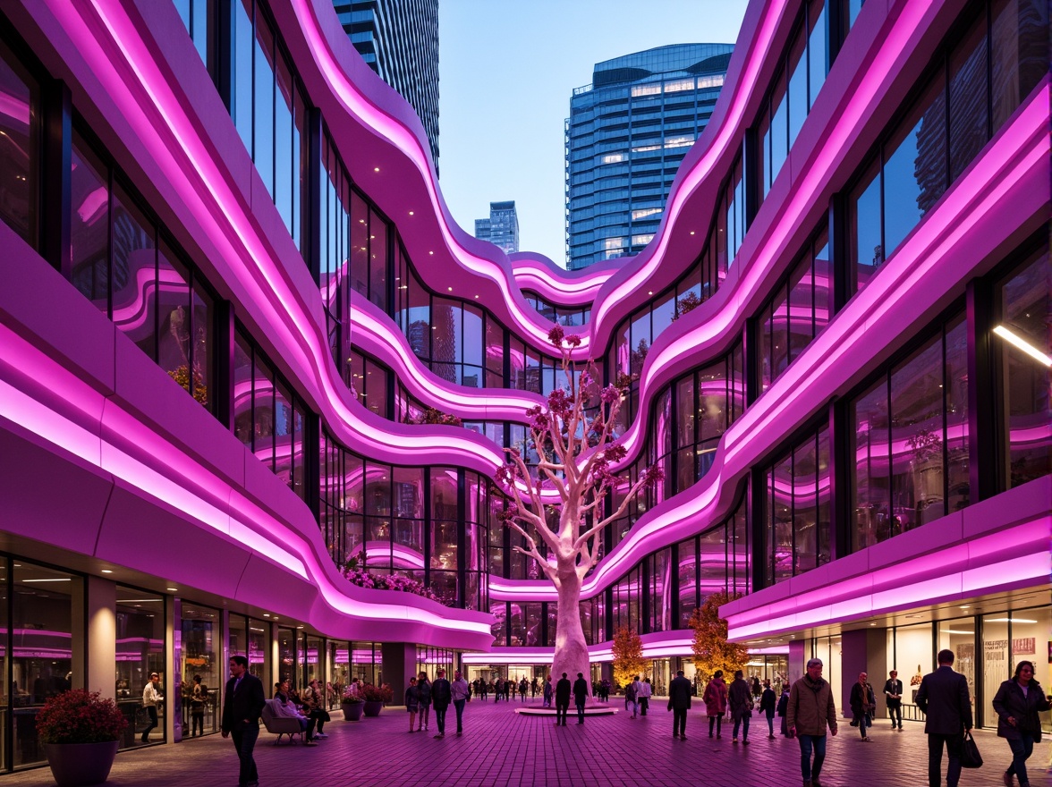 Prompt: Vibrant magenta buildings, dynamic curves, iridescent glass facades, neon-lit accents, futuristic architecture, sleek metallic structures, bold geometric patterns, radiant color gradients, glowing LED lights, abstract sculptures, urban cityscape, evening ambiance, shallow depth of field, 1/1 composition, high-contrast lighting, realistic reflections, ambient occlusion.