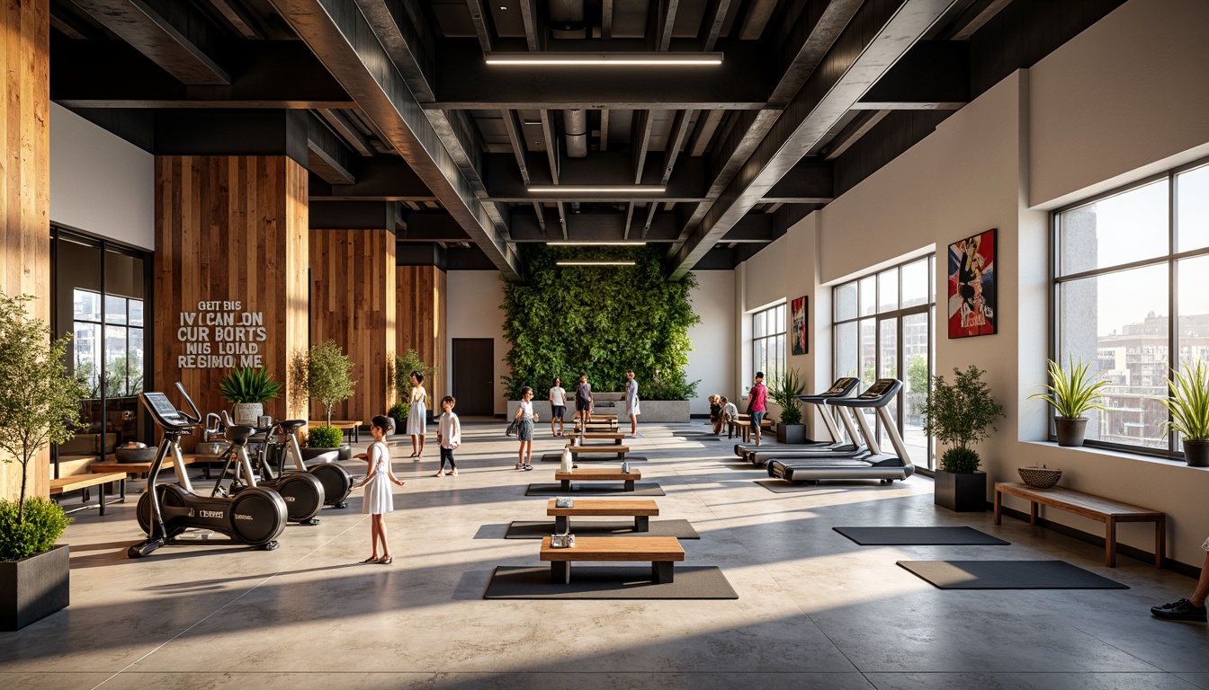 Prompt: Modern fitness center, industrial chic decor, reclaimed wood accents, sleek metal beams, vibrant color schemes, motivational quotes, mirrored walls, polished concrete floors, state-of-the-art equipment, free weights, treadmills, exercise bikes, yoga mats, meditation areas, natural stone features, living green walls, abundant natural light, high ceilings, open floor plans, minimalist lighting fixtures, dynamic shadows, warm atmospheric ambiance, 1/1 composition, realistic textures, ambient occlusion.