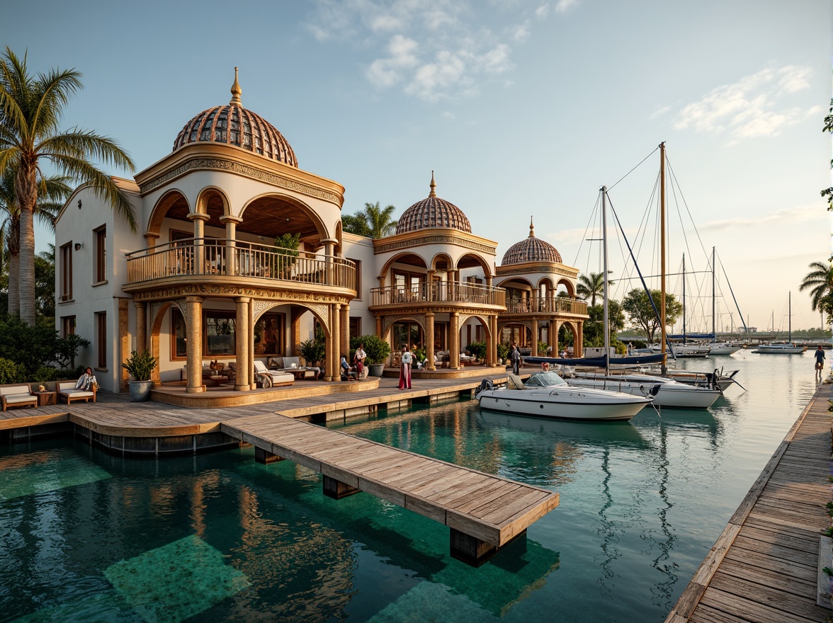 Prompt: Waterfront location, wooden dock, sailboats, turquoise water, sunny day, soft warm lighting, Boathouse Byzantine style, curved rooflines, ornate tile work, golden domes, intricate stone carvings, rustic wood accents, nautical-themed decorations, porthole windows, copper roofing, Mediterranean-inspired colors, lavish interior furnishings, opulent textiles, warm atmospheric lighting, 1/1 composition, dramatic shadows, realistic reflections.