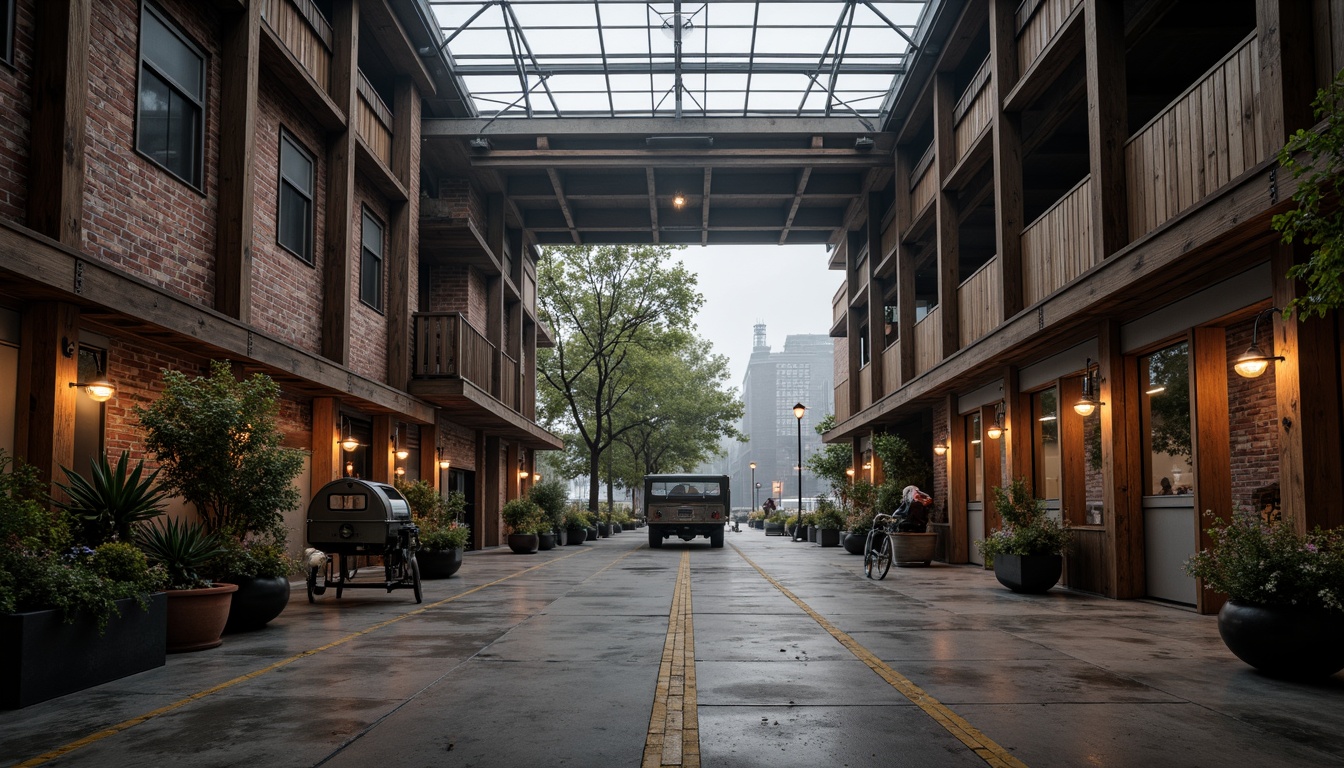 Prompt: Rustic industrial warehouse, steel-framed structures, exposed brick walls, metal beams, reclaimed wood accents, distressed concrete floors, vintage machinery, Edison bulbs, urban cityscape, cloudy grey sky, dramatic sidelight, 1/2 composition, gritty textures, atmospheric fog, realistic reflections, modern minimalist decor.