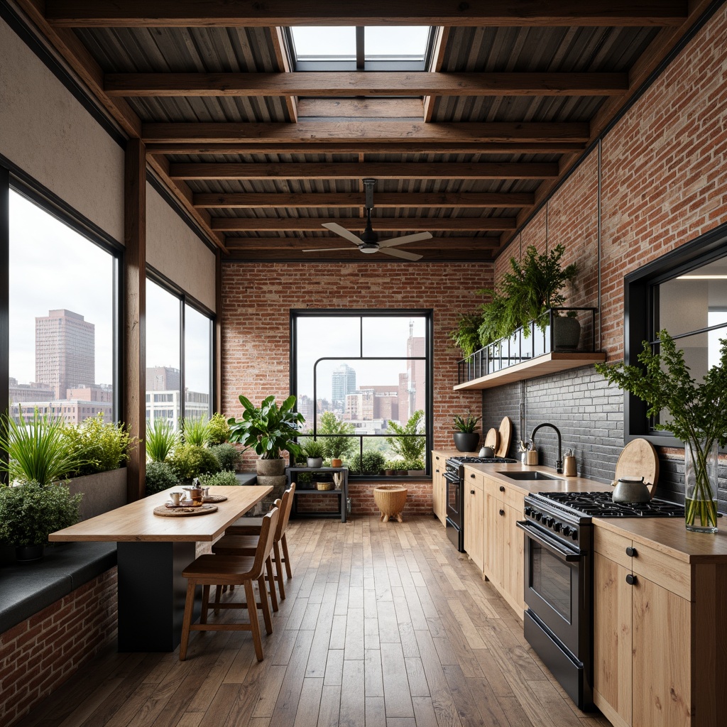 Prompt: Industrial chic loft interior, reclaimed wood accents, exposed brick walls, metal beams, eco-friendly materials, energy-efficient appliances, large skylights, natural ventilation systems, minimalist decor, recycled glass countertops, bamboo flooring, living green walls, urban rooftop garden, cityscape views, warm neutral color palette, soft diffused lighting, shallow depth of field, 1/1 composition, realistic textures, ambient occlusion.