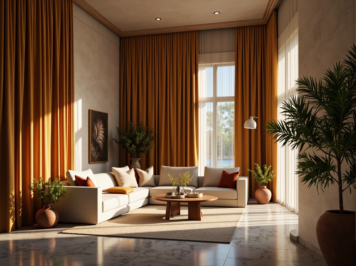 Prompt: Rich velvet drapes, warm golden lighting, soft cream furniture, natural wood accents, earthy terracotta pottery, lush greenery, calming blue hues, elegant marble textures, sophisticated neutral tones, ambient warm glow, shallow depth of field, 1/1 composition, realistic rendering.