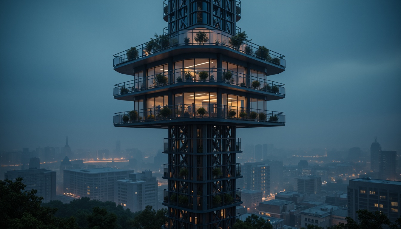 Prompt: Futuristic watchtower, sleek metal latticework, cantilevered observation decks, minimalist design, industrial materials, exposed ductwork, angular lines, geometric shapes, bold color accents, dynamic lighting systems, urban cityscape, foggy night atmosphere, high-contrast shadows, dramatic spotlights, 1/1 composition, low-angle shot, cinematic mood, atmospheric mist.