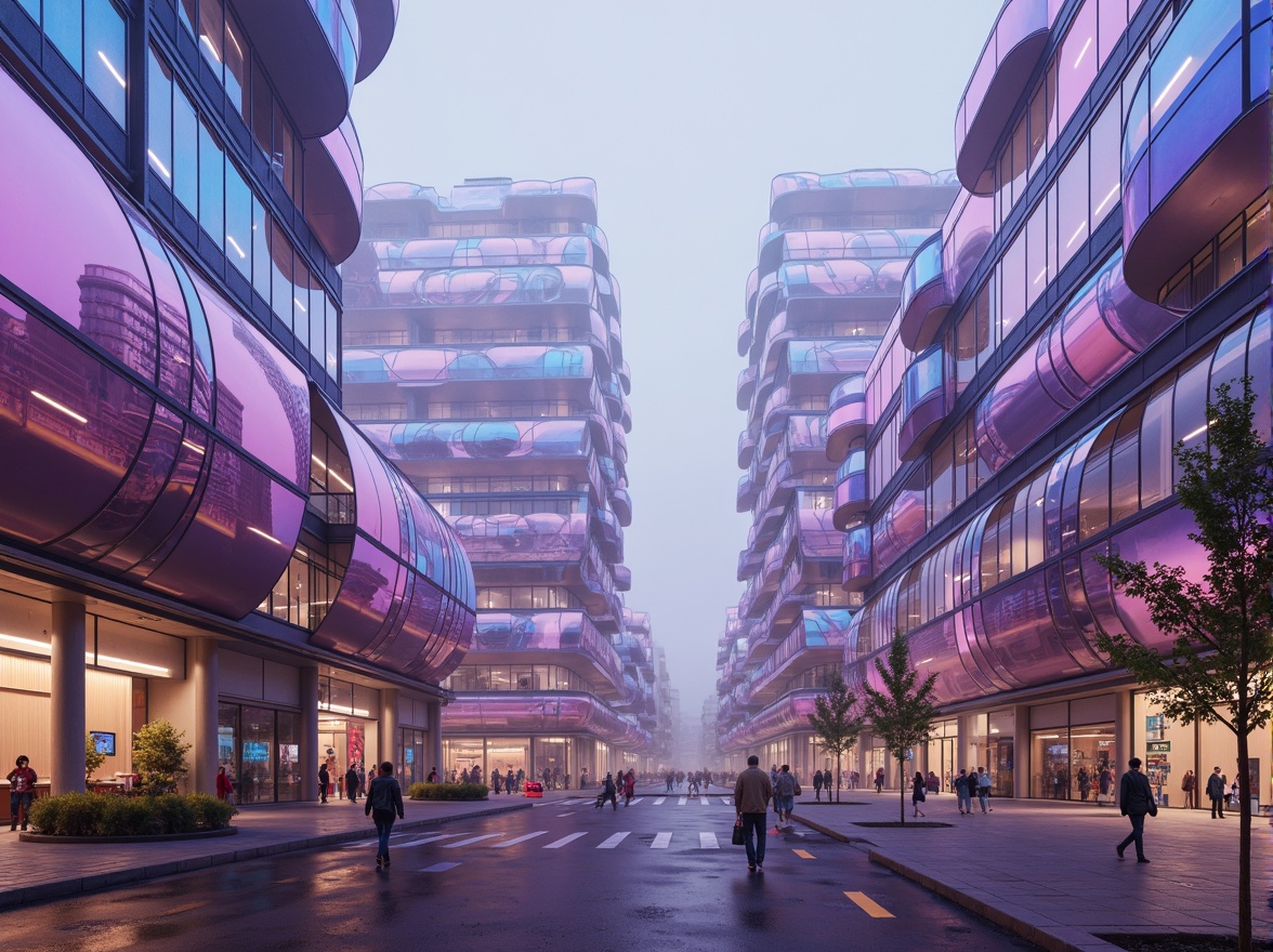 Prompt: Vibrant blob-shaped buildings, iridescent glass facades, luminous neon accents, gradient color transitions, soft pastel hues, metallic reflections, glossy finishes, futuristic urban landscape, misty atmospheric effects, warm ambient lighting, shallow depth of field, 3/4 composition, panoramic view, realistic textures, ambient occlusion.