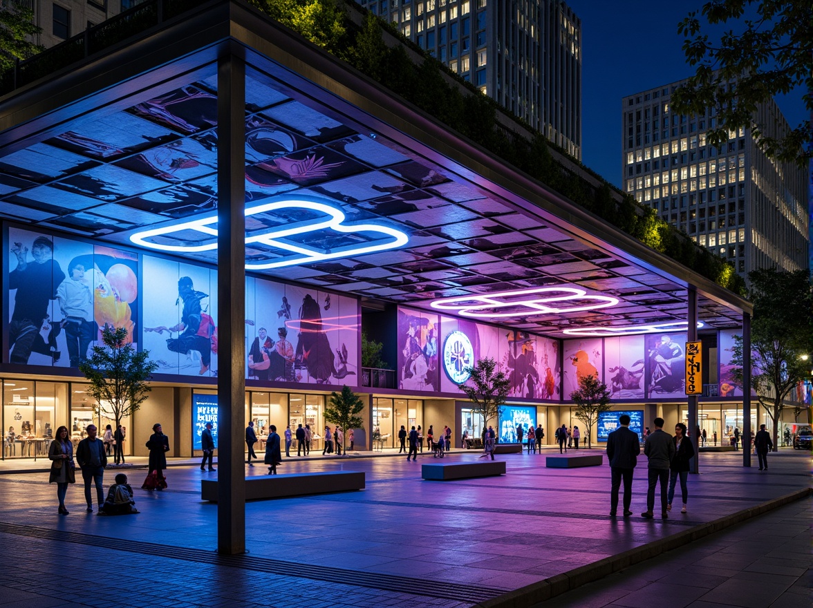 Prompt: Vibrant bus station, angular steel beams, curved glass fa\u00e7ade, dynamic LED lights, futuristic architecture, abstract art installations, urban cityscape, rush hour atmosphere, bold color scheme, geometric patterns, industrial materials, exposed ductwork, sleek metal benches, neon signage, bustling pedestrian traffic, shallow depth of field, 1/1 composition, cinematic lighting, high contrast ratio.