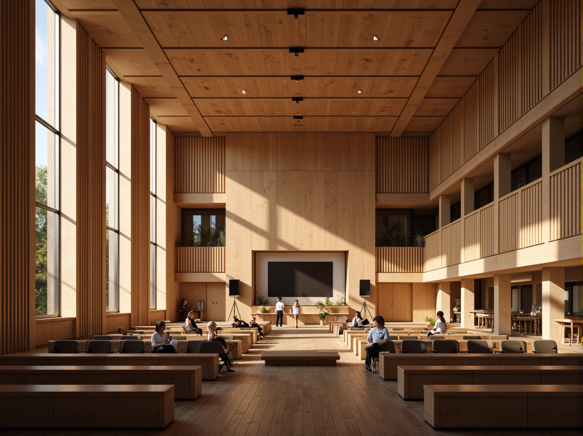 Prompt: Grand auditorium, high ceilings, expansive windows, natural light pouring in, warm wooden tones, comfortable seating, acoustic panels, sound-absorbing materials, minimalist decor, subtle color palette, soft warm lighting, shallow depth of field, 1/1 composition, panoramic view, realistic textures, ambient occlusion.