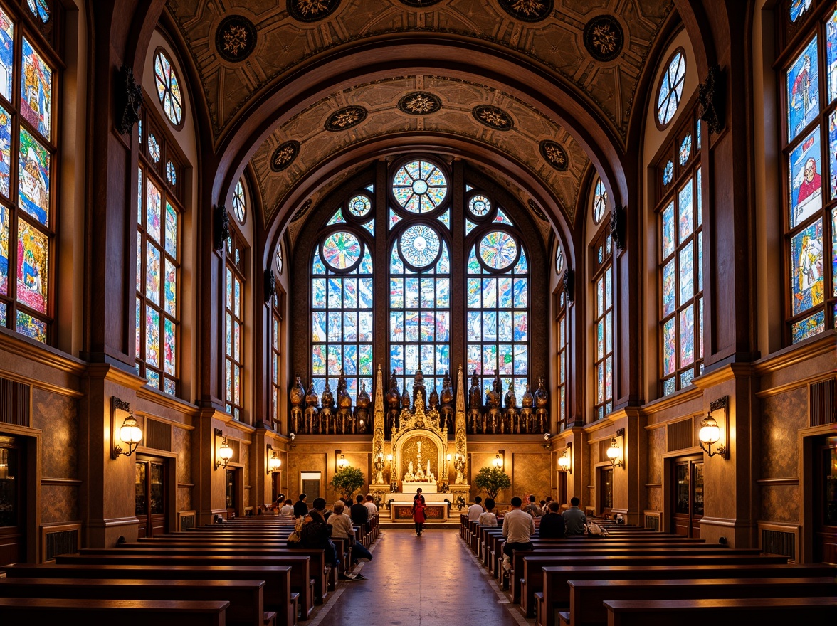 Prompt: Vibrant stained glass windows, geometric patterns, Art Deco churches, ornate facades, grandiose architecture, opulent interior designs, lavish decorations, intricate mosaics, golden accents, warm ambient lighting, rich colors, spiritual ambiance, serene atmosphere, symmetrical compositions, 1/1 aspect ratio, shallow depth of field, realistic textures, subtle shadows.