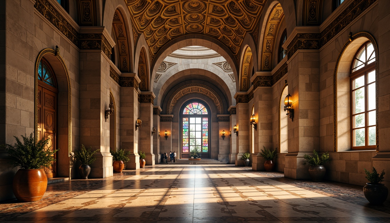 Prompt: Intricate arches, ornate carvings, golden mosaics, rustic stone walls, grand domes, vaulted ceilings, richly patterned marble floors, ornamental columns, majestic entranceways, vibrant stained glass windows, mystical ambiance, soft warm lighting, 3/4 composition, shallow depth of field, realistic textures, ambient occlusion.