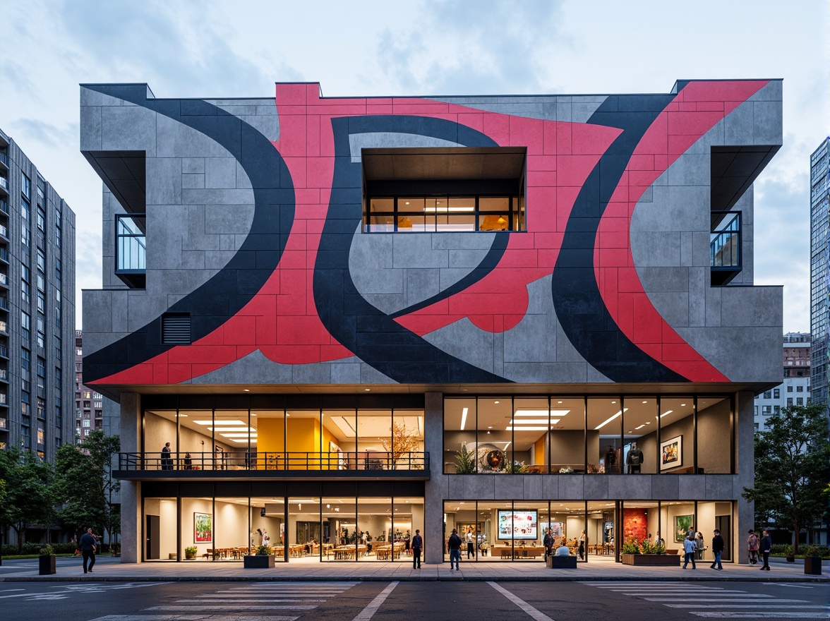 Prompt: Vibrant gymnasium facade, bold geometric patterns, dynamic angular lines, expressive curved shapes, richly textured concrete walls, bright colored accents, abstract artistic murals, oversized athletic equipment sculptures, modern LED lighting installations, cantilevered rooflines, dramatic shadow play, high-contrast color schemes, futuristic materials, sleek metal cladding, rhythmic window arrangements, urban cityscape backdrop, overcast sky with subtle cloud textures, shallow depth of field, 2/3 composition, cinematic camera angles.