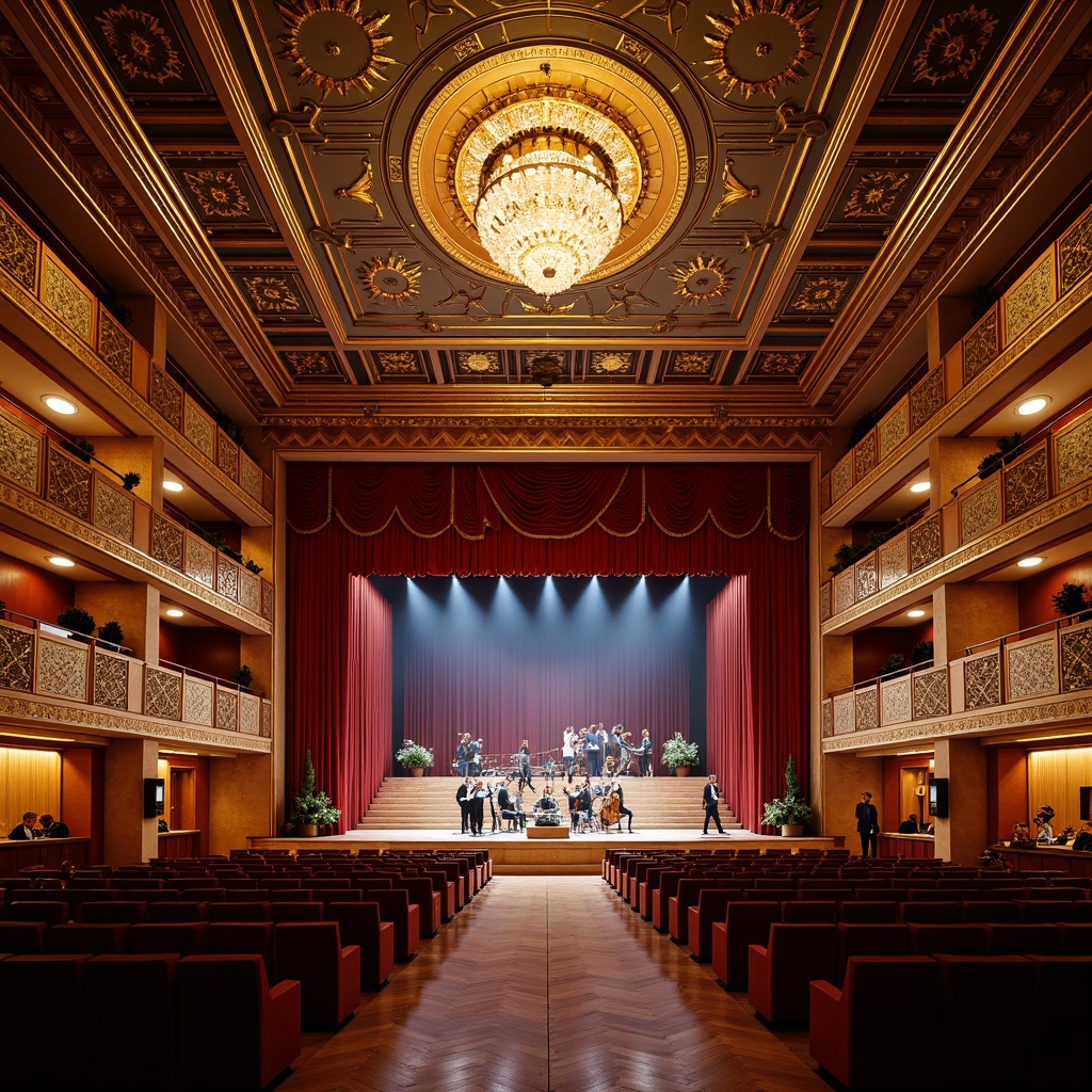 Prompt: Luxurious concert hall, ornate geometric patterns, metallic accents, lavish chandeliers, grand staircases, velvety red curtains, golden balconies, intricate moldings, sunburst motifs, chevron designs, zigzag patterns, opulent furnishings, rich textiles, dramatic spotlights, warm ambient lighting, shallow depth of field, 1/2 composition, symmetrical framing, high-contrast rendering, ornate details, vintage microphones, polished wood floors.