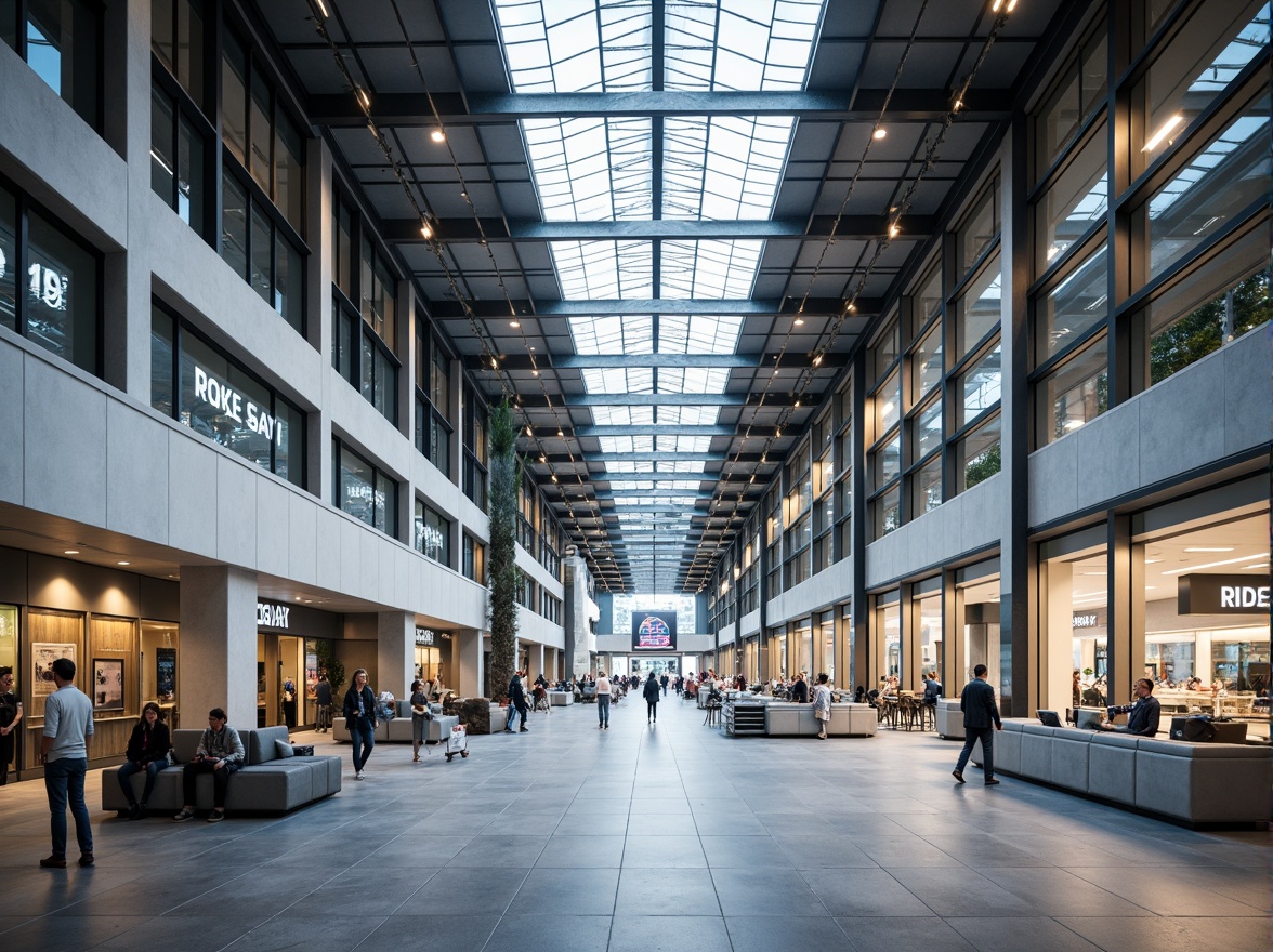 Prompt: Functional airport terminal, rectangular shapes, clean lines, industrial materials, exposed ductwork, metal beams, concrete floors, minimalist decor, functional lighting, geometric patterns, primary color scheme, bold typography, steel columns, glass facades, cantilevered roofs, open spaces, natural ventilation, abundant daylight, 1/1 composition, high-angle shot, dramatic shadows, realistic textures, ambient occlusion.