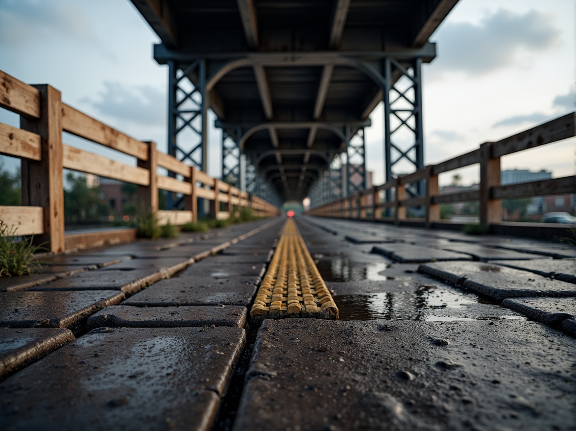 Prompt: Rugged bridge structure, polyethylene decking material, high-strength fibers, corrosion-resistant coating, textured surface, durable railings, weathered steel beams, industrial design, urban landscape, cloudy sky, dramatic lighting, shallow depth of field, 1/2 composition, realistic textures, ambient occlusion.