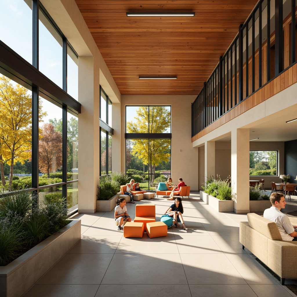 Prompt: Vibrant educational facility, warm beige walls, rich wood accents, calming blue tones, stimulating orange hues, inspiring yellow shades, playful greenery, modern minimalist furniture, sleek metal fixtures, abundant natural light, soft warm glow, 1/1 composition, shallow depth of field, realistic textures, ambient occlusion.