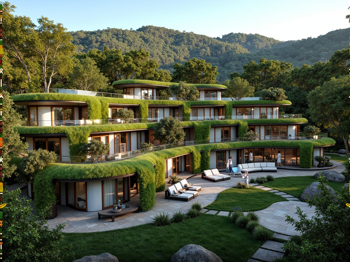 Prompt: Harmonious landscape integration, lush green roofs, verdant walls, natural stone facades, curvaceous building shapes, earthy tones, organic architecture, seamless transitions, indoor-outdoor connections, floor-to-ceiling windows, sliding glass doors, panoramic views, ambient lighting, warm color schemes, cozy outdoor spaces, comfortable seating areas, natural ventilation systems, rainwater harvesting, eco-friendly materials, sustainable design principles, minimalist decor, simple yet elegant aesthetics.