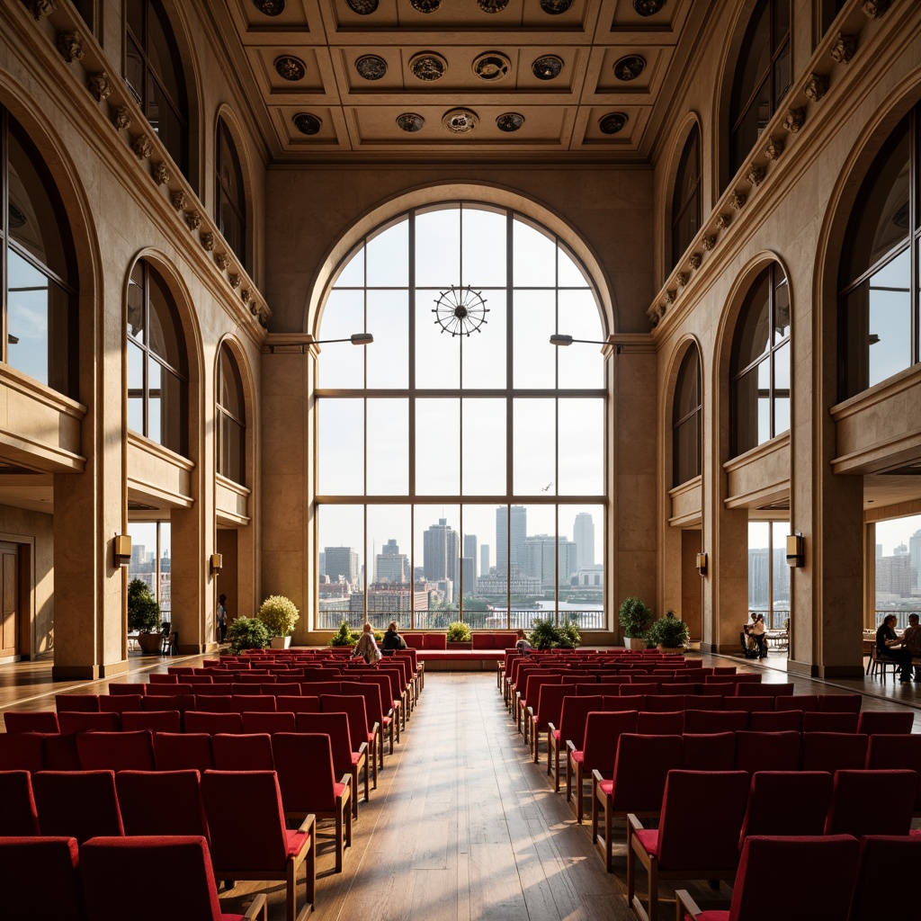 Prompt: Grand concert hall, high ceilings, sweeping arches, ornate chandeliers, plush red velvet seats, polished wooden floors, acoustic panels, soundproofing materials, natural stone walls, floor-to-ceiling windows, panoramic city views, bright sunny day, soft diffused lighting, warm ambient glow, 1/1 composition, symmetrical framing, realistic textures, subtle shadows.