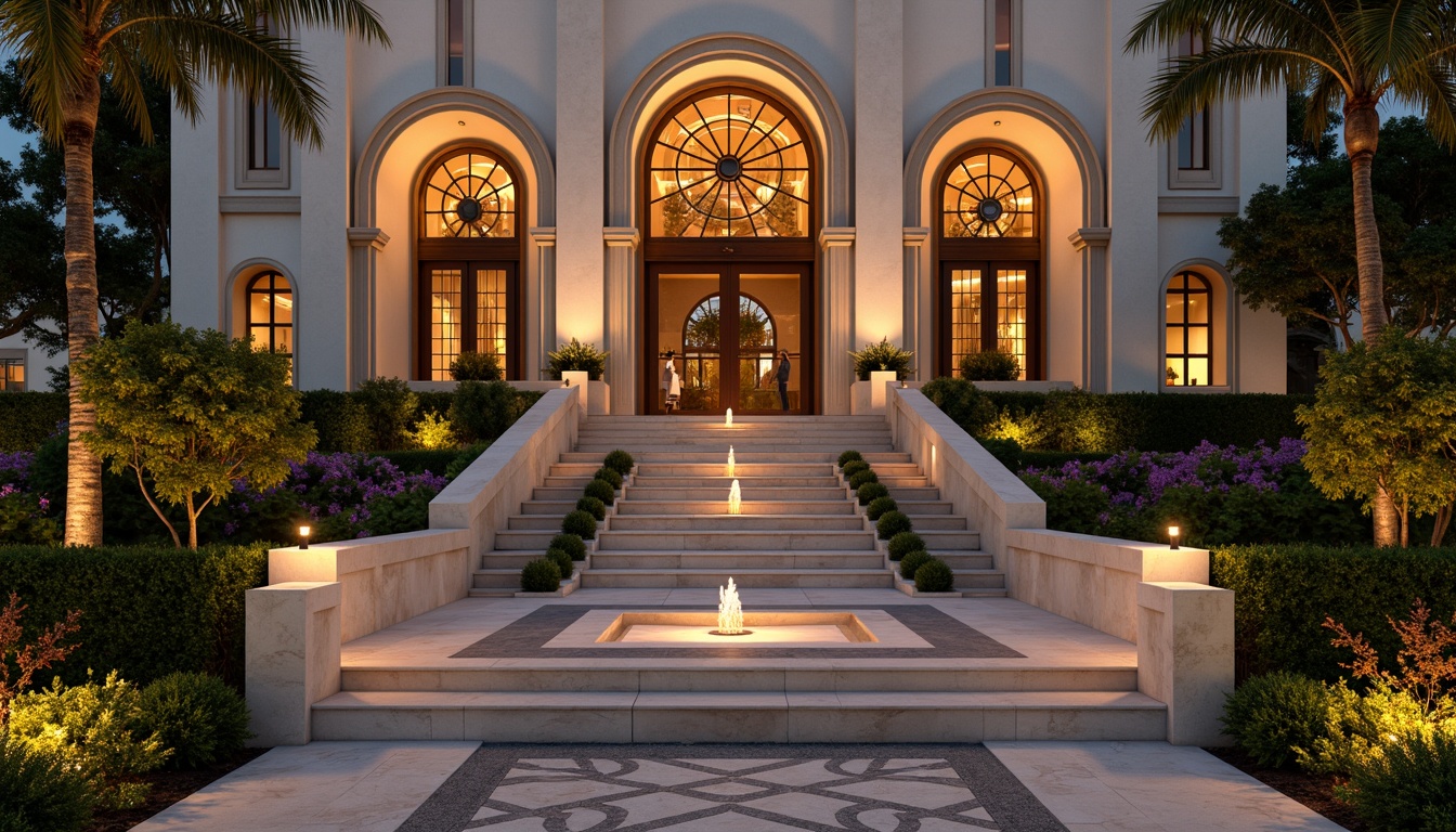 Prompt: \Elegant Art Deco church, symmetrical fa\u00e7ade, ornate stone carvings, grand entrance stairs, lavish fountains, manicured hedges, vibrant flower beds, geometric patterns, intricate ironwork, stained glass windows, dramatic spotlights, warm golden lighting, shallow depth of field, 1/2 composition, panoramic view, realistic textures, ambient occlusion.\Let me know if you need any adjustments!