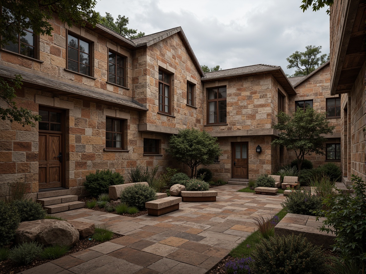 Prompt: Rustic stone walls, earthy tones, rough-hewn texture, aged brick facades, worn mortar joints, distressed wooden accents, natural stonework, rugged landscape, overcast skies, dramatic shadows, warm ambient lighting, shallow depth of field, 2/3 composition, symmetrical framing, high-contrast color palette, realistic textures, detailed normal maps.