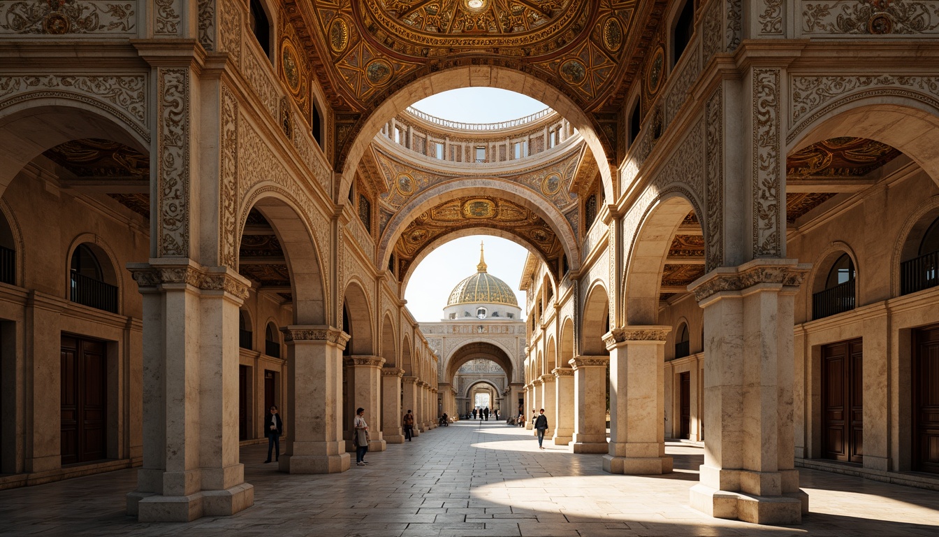 Prompt: Intricate stone carvings, ornate arches, golden mosaics, grand domed structures, richly decorated vaults, marble columns, ornamental capitals, vibrant frescoes, majestic entrances, imposing facades, warm earthy tones, soft diffused lighting, atmospheric perspective, 1/2 composition, high-contrast shadows, realistic textures, ambient occlusion.