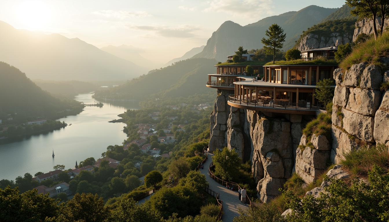 Prompt: Panoramic watching tower, rugged stone walls, wooden observation decks, winding staircases, cantilevered balconies, lush green roofs, natural blending architecture, scenic valley views, misty mountains, serene lakeside, tranquil atmosphere, warm golden lighting, shallow depth of field, 3/4 composition, realistic textures, ambient occlusion, harmonious landscape integration, eco-friendly materials, sustainable design solutions.