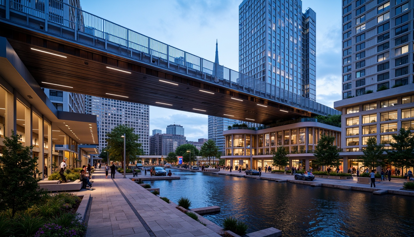 Prompt: Vibrant pedestrian bridge, bold steel structure, bright blue railings, warm wooden decking, soft LED lighting, urban cityscape, bustling streets, dynamic crowd movement, modern architectural design, sleek metallic accents, glass canopies, atmospheric misting systems, lush greenery surroundings, blooming flowers, natural stone piers, shallow water reflections, dramatic evening ambiance, 1/1 composition, low-angle view, realistic textures, ambient occlusion.