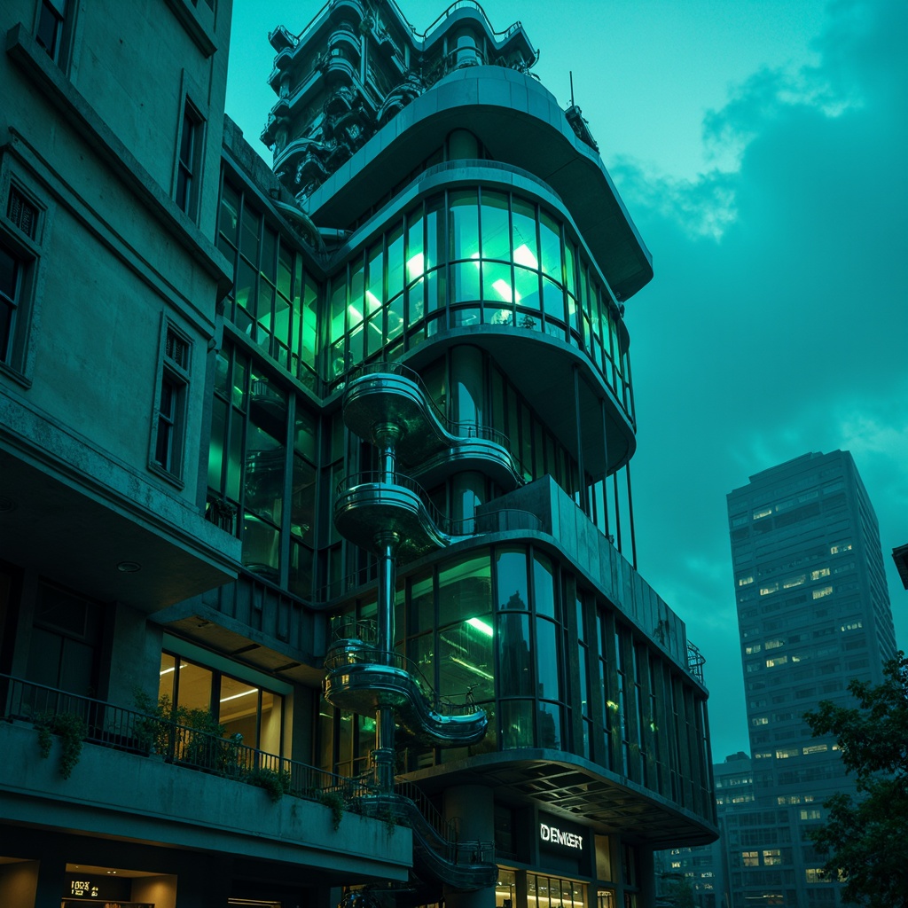 Prompt: \Watching tower, twisted metal structures, asymmetrical facade, bold angular lines, vibrant blue-green glass, reflective surfaces, intricate mechanical details, industrial materials, moody dark tones, foggy misty atmosphere, dramatic spotlights, cinematic composition, low-key lighting, mysterious ambiance, abstract expressionist patterns, distorted reflections, futuristic cyberpunk vibe.\