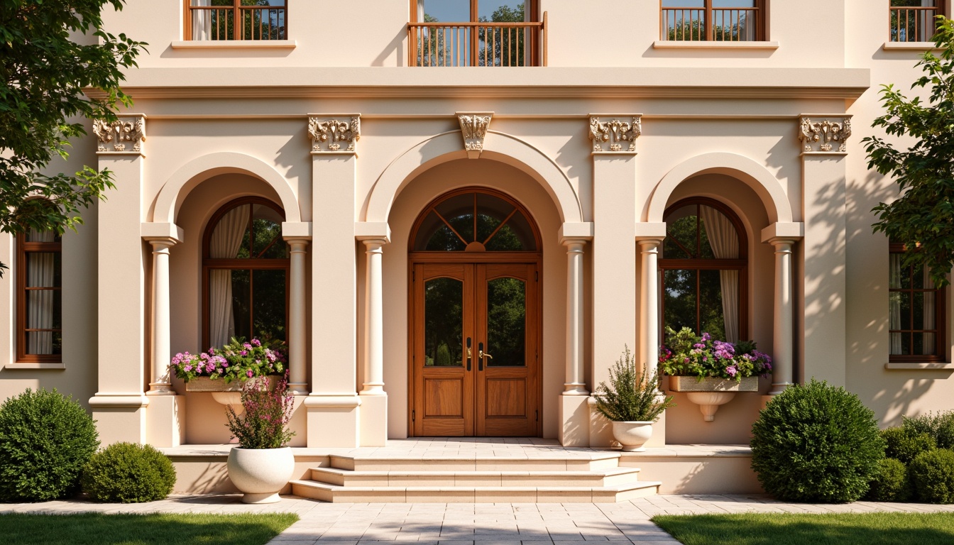 Prompt: Warm kindergarten facade, soft pastel colors, ornate classical columns, rounded arches, intricate stonework, decorative cornices, symmetrical composition, grand entrance, wooden doors, bronze door handles, colorful flower boxes, lush greenery, sunny day, gentle warm lighting, shallow depth of field, 1/1 composition, realistic textures, ambient occlusion.Please let me know if this meets your requirements!