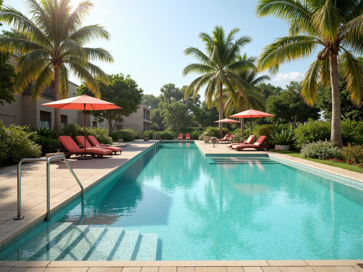 Prompt: Vibrant turquoise pool water, sun-kissed deck, warm beige stone flooring, sleek stainless steel railings, modern minimalist lounge chairs, refreshing greenery, tropical palm trees, bright coral-colored umbrellas, sunny day, soft warm lighting, shallow depth of field, 3/4 composition, panoramic view, realistic textures, ambient occlusion.