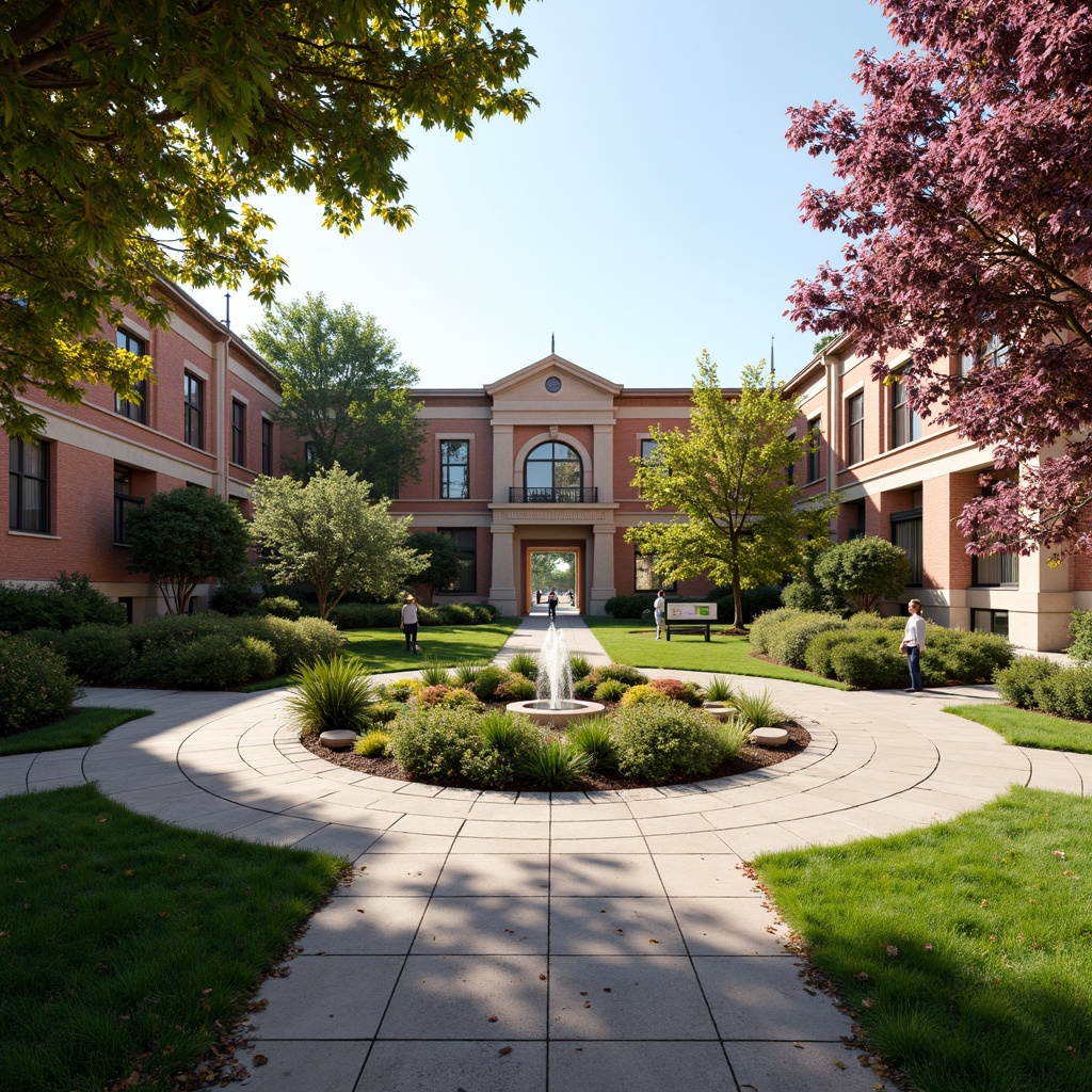 Prompt: Serene museum courtyard, lush greenery, manicured lawns, ornamental fountains, walking paths, educational signage, natural stone pavers, brick buildings, neoclassical architecture, grand entrance gates, elegant lamp posts, blooming trees, sunny day, soft warm lighting, shallow depth of field, 3/4 composition, panoramic view, realistic textures, ambient occlusion.