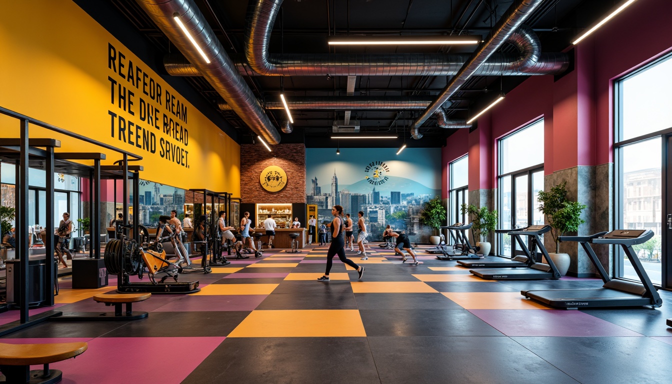 Prompt: Vibrant fitness club interior, energetic atmosphere, bold color scheme, bright accents walls, motivational quotes, modern equipment, sleek metal frames, rubber flooring, dynamic lighting, high ceilings, industrial chic decor, urban landscape views, cityscape murals, abstract geometric patterns, neon signage, intense workout zones, calming yoga areas, refreshing juice bars, natural stone accents, reclaimed wood textures, athletic wear displays.